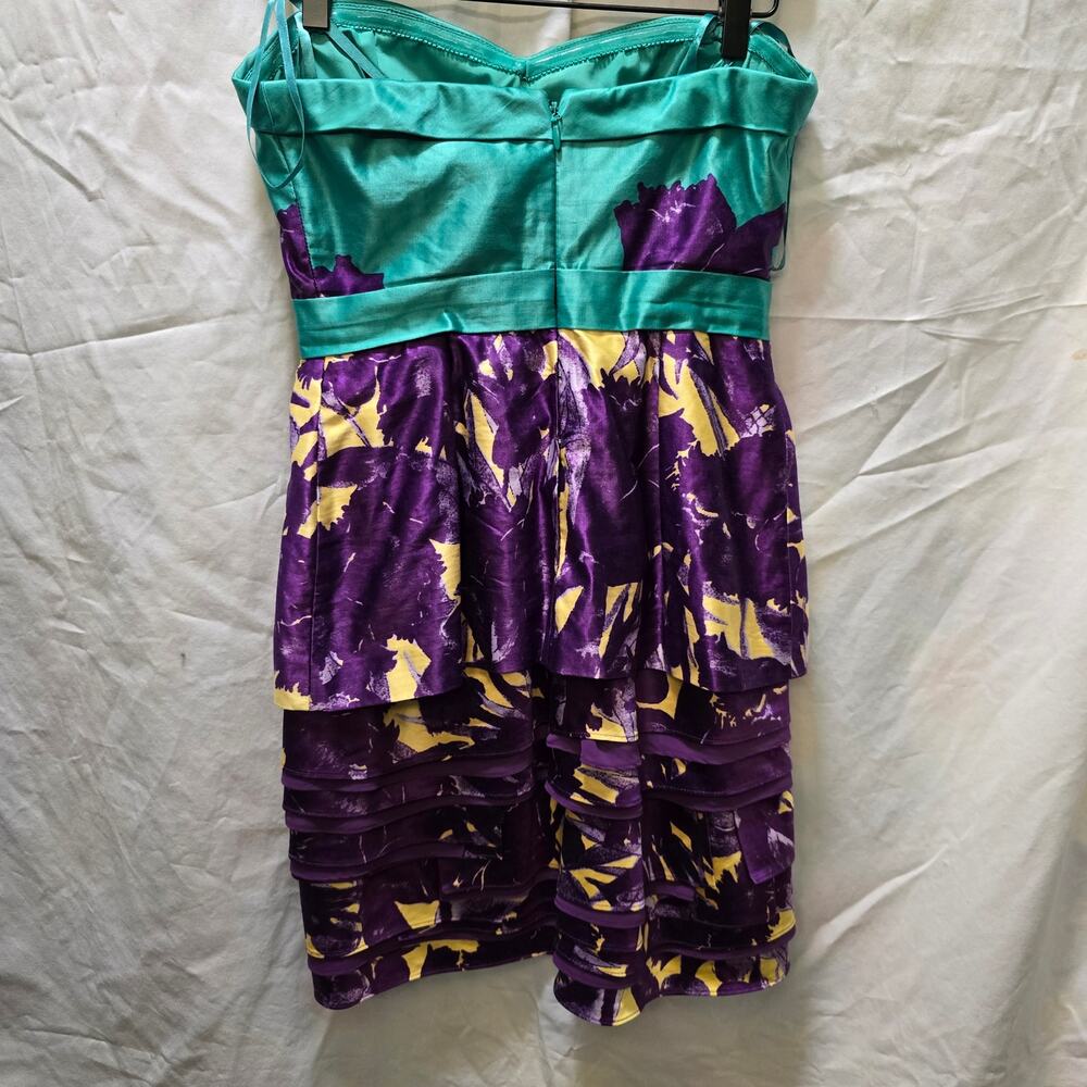 BCBGMaxazria Ultraviolet Strapless Tiered satin mini dress 6 green purple - Picture 6 of 13